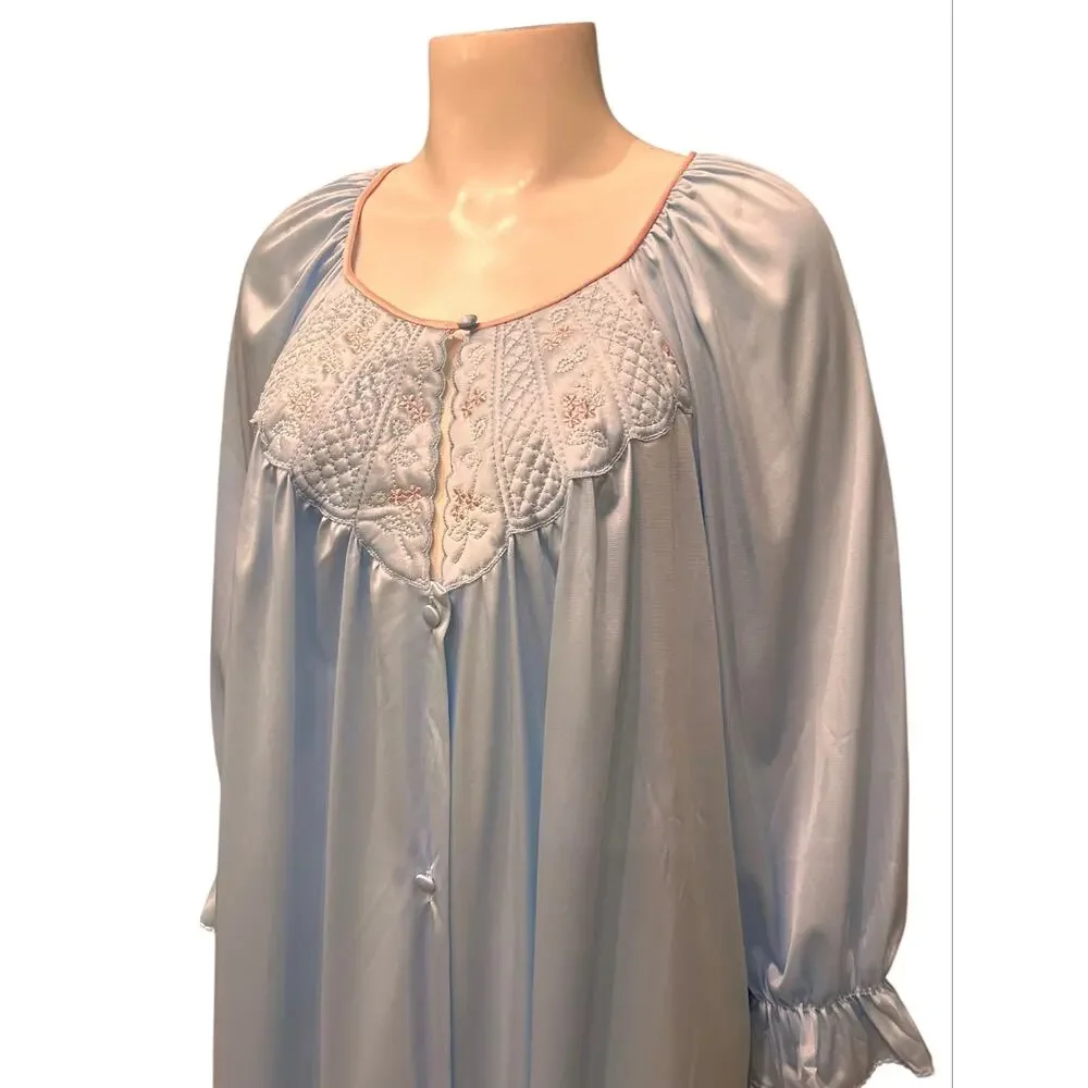 Vintage Vanity Fair Blue Nylon Nightgown Robe M Embroidered Floral USA -